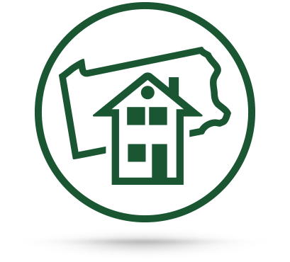 Icon of a house over top of an outline of Pennsylvania inside a circle