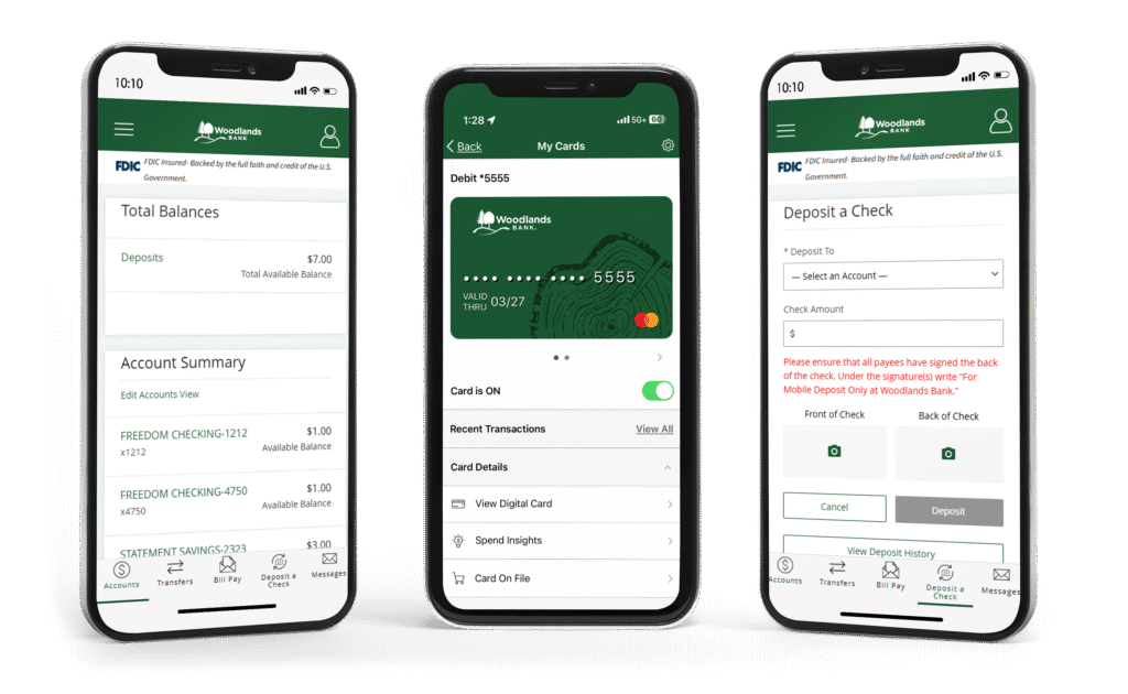 Three app screen shots showing main account screen, Card Manger screen and Mobile Deposit screen
